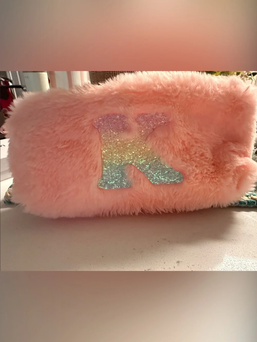 K Plush Pink Fuzzy Pencil Case with Sparkle Accent 🍏BACK TO SCHOOL